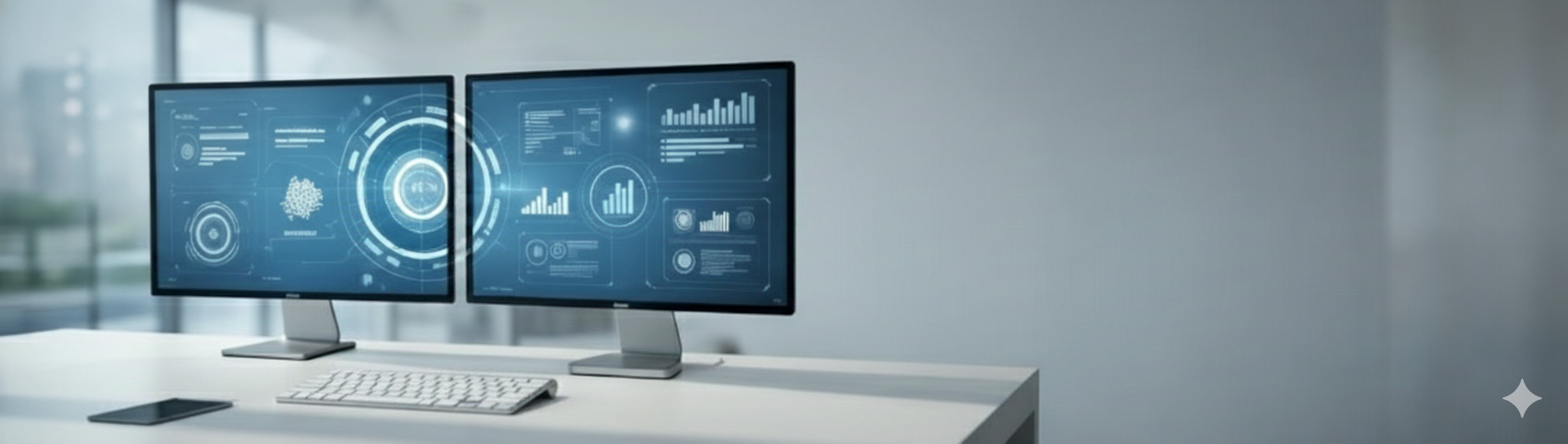 Modern AI workspace with futuristic data dashboards